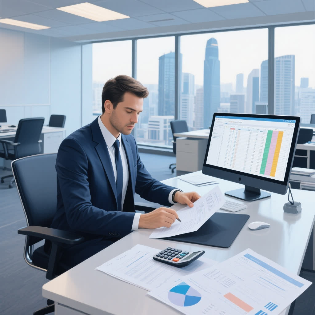 Mühasib maliyyə hesabatları ilə işləyir
